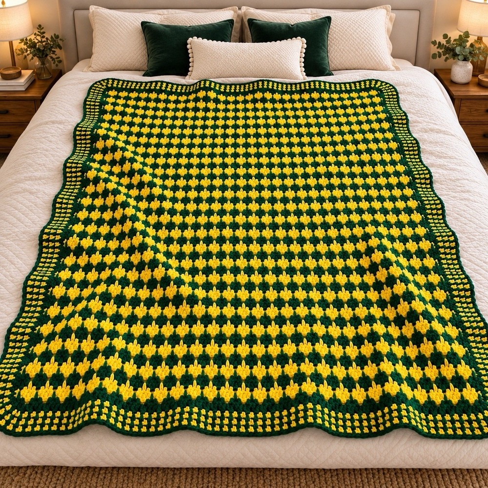Vintage Handmade Crochet Afghan Green Yellow Football Team Colors Blanket 45x60